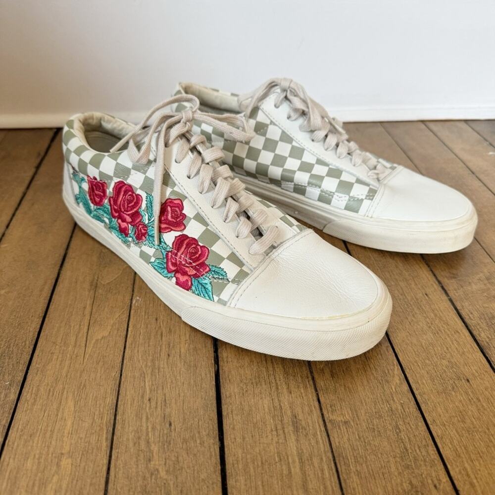 Vans Old Skool DX Leather Checkerboard Rose Embroidered Sneakers M 10.5 W 12 - Picture 2 of 10
